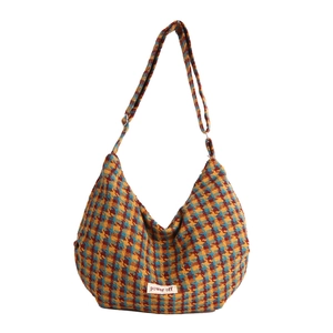 Fashionable colorful checkered knit hobo bag with power off label and long shoulder strap