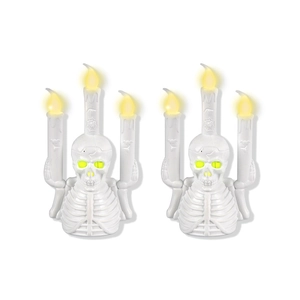 Zweiteiliges Set Halloween Skelett LED Kerzen mit grün leuchtenden Augen und Totenkopf