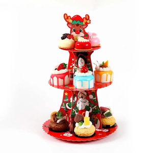 Alzatina per cupcake natalizia a tre livelli in cartone rosso con renna e Babbo Natale