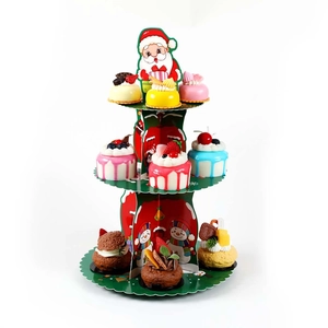 Alzatina per dolci natalizia a tre livelli in cartone con Babbo Natale e pupazzo di neve