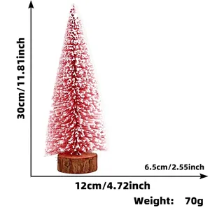 Mini albero di Natale rosa con neve bianca, base in legno naturale e dimensioni