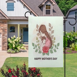 Detail of double-sided linen garden flag with Happy Mother's Day floral print in yard