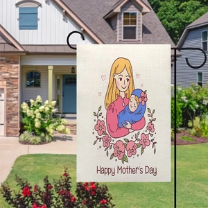 Mockup of double-sided linen Happy Mother's Day garden flag on lawn with flower pattern