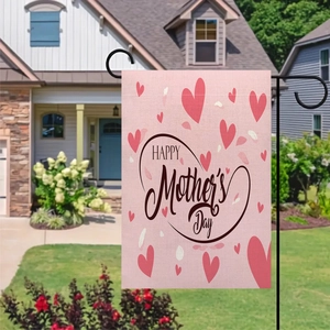 Detail of double-sided linen Mother's Day garden flag with pink hearts and black metal stand