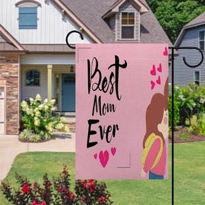 Detail of Best Mom Ever double-sided linen garden flag with heart patterns on lawn