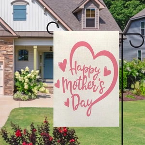 Close-up of double-sided linen garden flag with Happy Mother's Day text and pink hearts