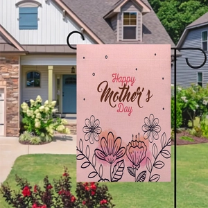 Close-up of Happy Mother's Day garden flag with pink fabric and floral details
