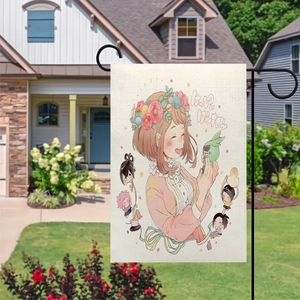 Linen garden flag with anime girl design and metal stand for outdoor yard decoration
