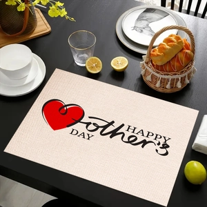 Linen placemat detail with Happy Mother's Day text and red heart on wood table