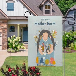 Double-sided linen garden flag with Mother Earth illustration on a black metal stand