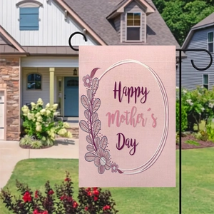 Outdoor linen garden flag with pink floral Happy Mother's Day design on black iron pole