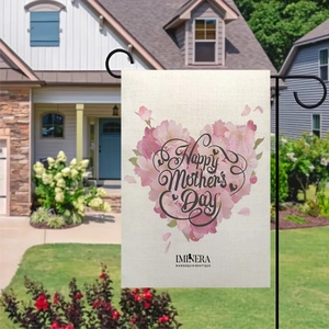 Double-sided linen garden flag with pink heart and Happy Mother's Day text for yard decor