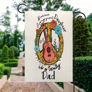 Father's Day double-sided linen garden flag with guitar floral design and metal stake