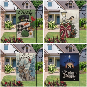 Drapeau De Jardin De Noël Double Face Lin Hiver Bonhomme De Neige Décoration Extérieur Cour Verticale