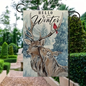 Détail du drapeau de jardin en lin avec cerfs et texte Hello Winter pour décor de patio