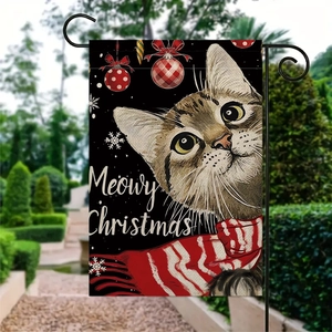 Double-sided linen Christmas garden flag with cute tabby cat and Meowy Christmas text