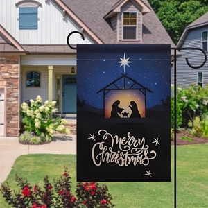 Détail du drapeau de jardin de Noël avec silhouette de crèche sur fond en tissu de lin