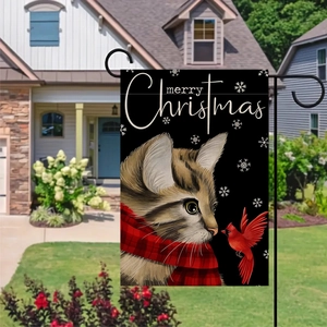 Detailed garden flag featuring a Christmas cat, red cardinal, and black metal stand
