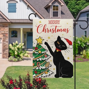 Detailed garden flag featuring a festive Christmas cat on premium linen fabric outdoor