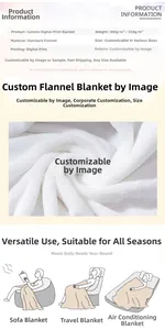 Detail of 300gsm flannel blanket showing soft texture and digital printing specs
