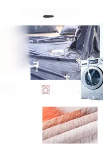 Detail of blue elk pattern flannel blanket with good night text and machine wash icons