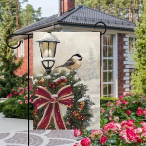 Drapeau de jardin de Noël double face en lin avec couronne de bonhomme de neige sur mât