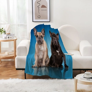 Couverture épaisse en flanelle avec bouledogues français imprimés sur fond bleu
