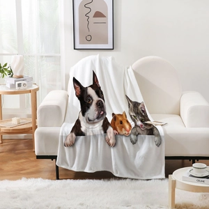 Couverture épaisse en flanelle avec imprimé Boston Terrier chat et hamster blanc