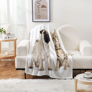 Détail de la couverture en flanelle pelucheuse avec imprimés réalistes de carlin et chat
