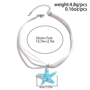 Detailed view of bohemian double-layer white choker with a blue starfish pendant and measurements