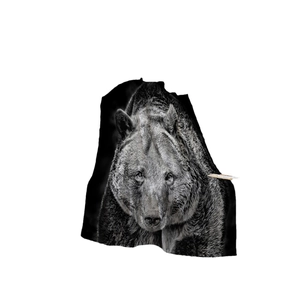 Soft black flannel blanket featuring a realistic brown bear head print with product tag
