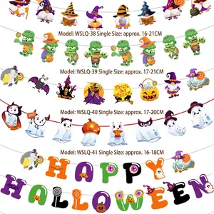 Halloween decorative paper banners featuring gnome, ghost, and pumpkin cartoon patterns