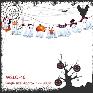 Detail of Halloween ghost banner with cartoon ghosts wearing hats and pumpkins, 17-20cm size