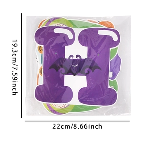 Halloween purple letter H banner with black bat print and detailed size dimensions