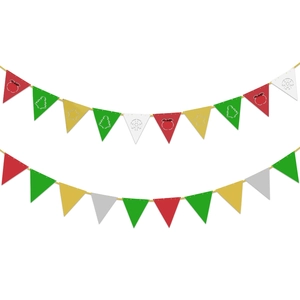 Striscione natalizio fai-da-te con bandierine e stelle su sfondo bianco per feste