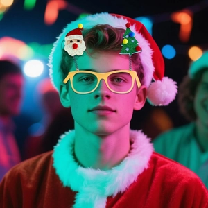 Detail of glowing yellow Christmas glasses with spring-mounted Santa and tree decorations