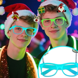 Detail of LED Christmas party glasses featuring spring-mounted reindeer and Santa motifs