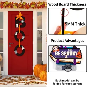 Halloween wooden door sign featuring BOO and BE SPOOKY text with ghost and pumpkin patterns