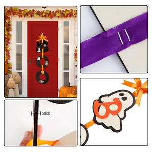 Detail of wooden Halloween BOO door sign with 5mm thickness and orange hanging ribbon