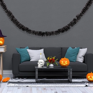 2m dense black Halloween tinsel garland with shiny finish for festive party wall decoration