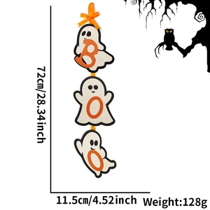Detailed dimensions of the 28-inch hanging BOO ghost Halloween party door decoration