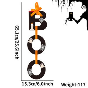 Vertical Halloween BOO wooden door sign with ghosts and webs, size 65.1cm by 15.3cm