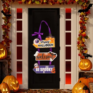 Three-tier Halloween wooden door sign with Happy Halloween and Be Spooky festive graphics