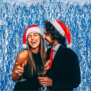 Blue tinsel fringe curtain backdrop for festive parties with metallic shimmer finish