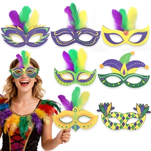 Set of 8 Mardi Gras carnival masks in purple green and gold with feathers and jester motifs