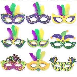 Set of 9 Mardi Gras masquerade masks with purple green gold feathers and glitter