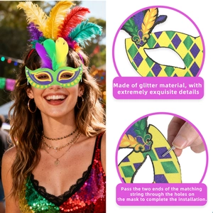 Colorful carnival feather mask with purple gold and green glitter diamond patterns