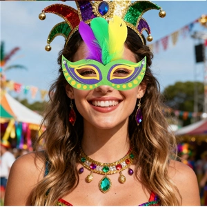 Detail of Mardi Gras mask with vibrant feathers, sequin crown, and gem necklace