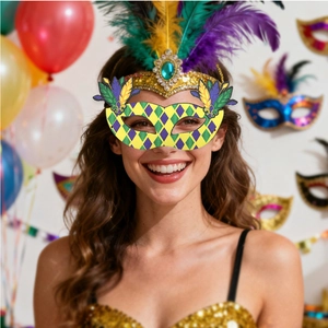 Detailed view of Mardi Gras mask and feather headband set with green and purple glitter finish