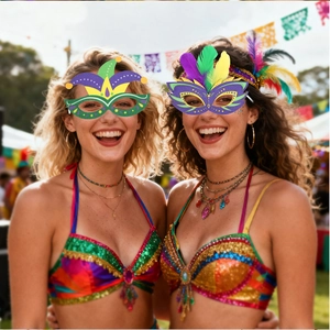 Detail of carnival mask and sequin bra set with purple green and gold feathers